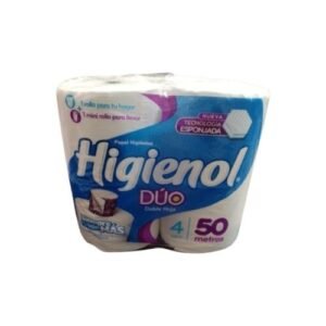 Pack de 4 rollos de papel higiénico Higienol Duo doble hoja de 50 metros cada uno para higiene del baño