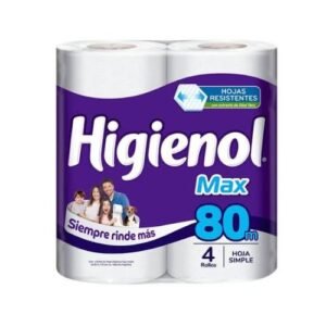 Pack de 4 rollos de papel higiénico Higienol Max hoja simple de 80 metros cada uno para máximo rendimiento en el baño