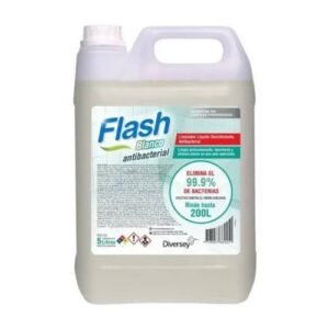 Bidón de 5 litros de limpiador líquido desinfectante Flash Blanco Antibacterial marca Diversey Del Sur Distribuidora