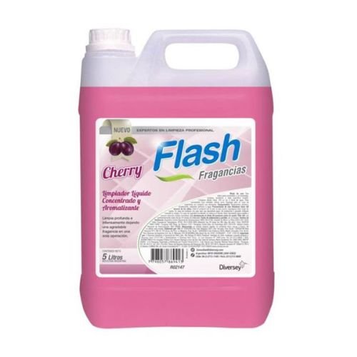 Bidón de 5 litros de limpiador líquido concentrado y aromatizante Flash fragancia Cherry marca Diversey Del Sur Distribuidora